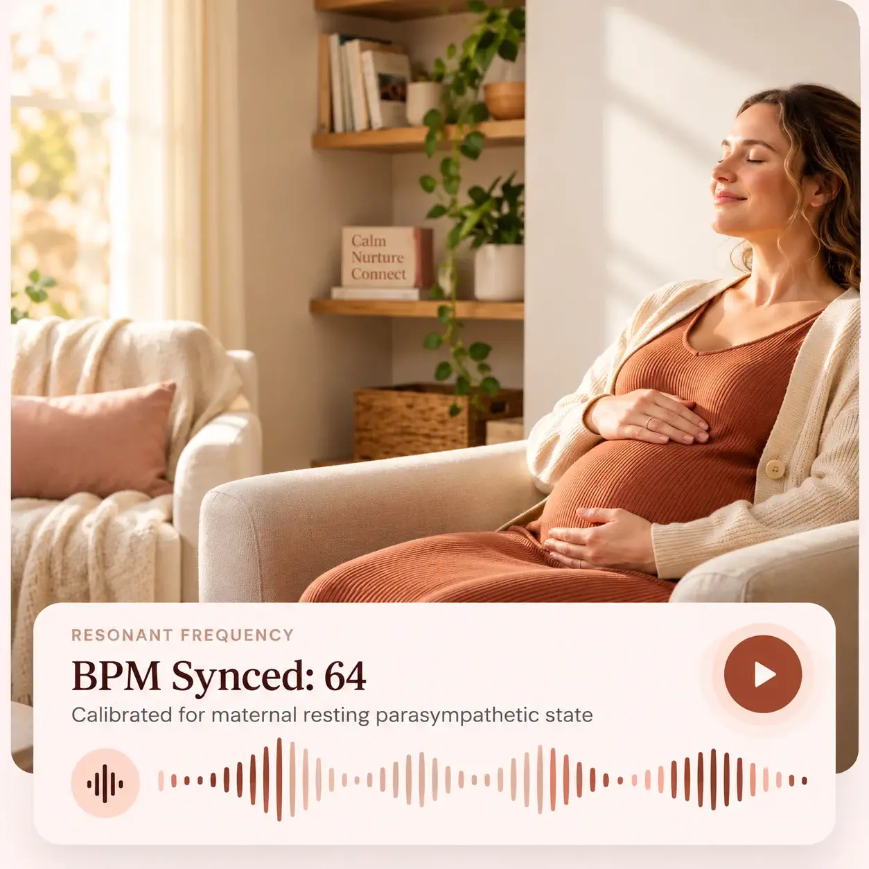 Pregnant woman relaxing with her hands on her belly in a peaceful home setting, alongside a sound interface showing a 64 BPM synchronized waveform calibrated for a maternal resting parasympathetic state.
