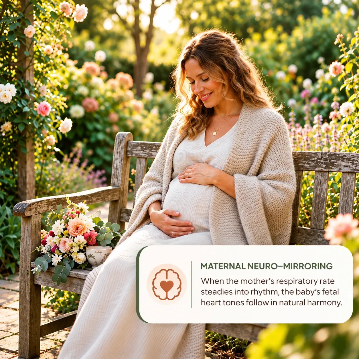 Pregnant woman resting peacefully on a garden bench surrounded by flowers, with an informational graphic explaining maternal neuro-mirroring and the relationship between the mother’s respiratory rhythm and the baby’s fetal heart tones.