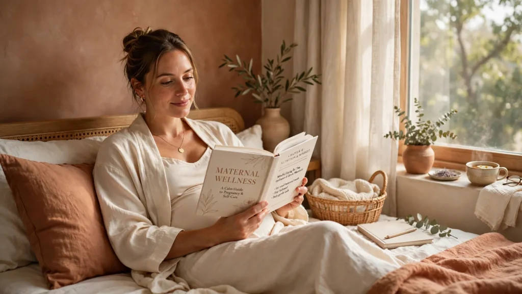 Pregnant woman comfortably reading a maternal wellness book on a sunlit daybed with warm terracotta cushions.