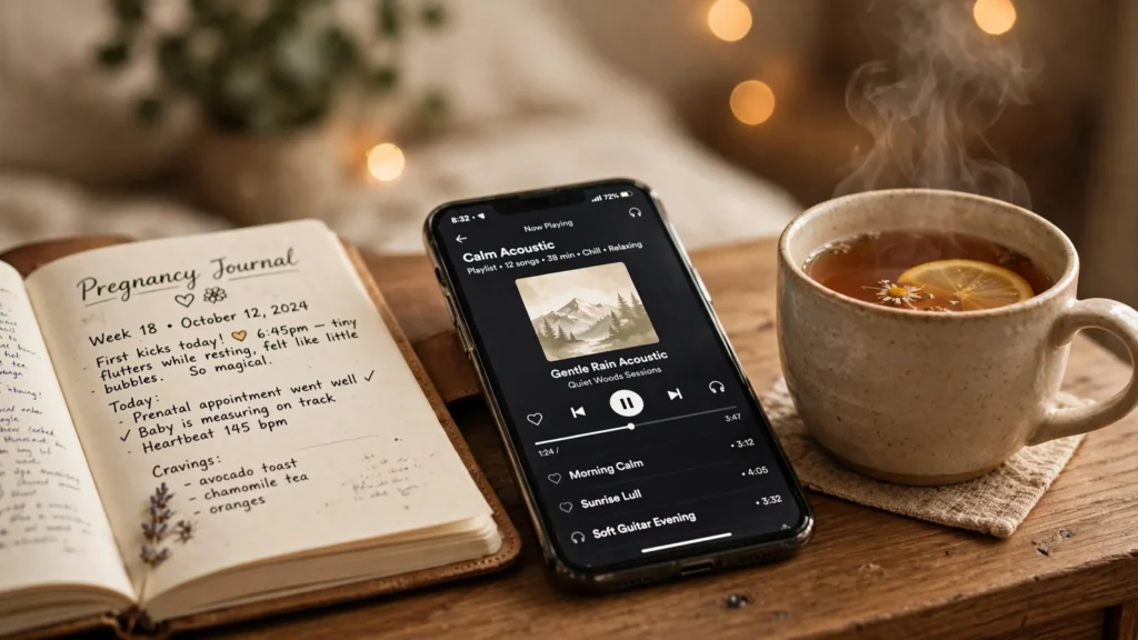 Close-up of a pregnancy journal next to a smartphone playing calm acoustic music and a warm cup of chamomile tea.