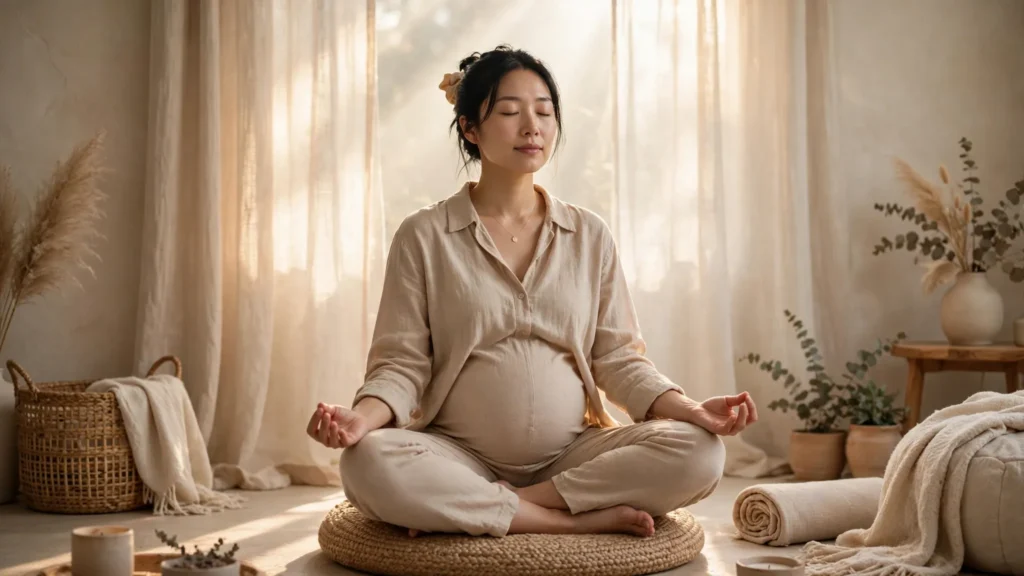 Pregnant woman meditating in a serene sunlit room during a calm pregnancy music session.