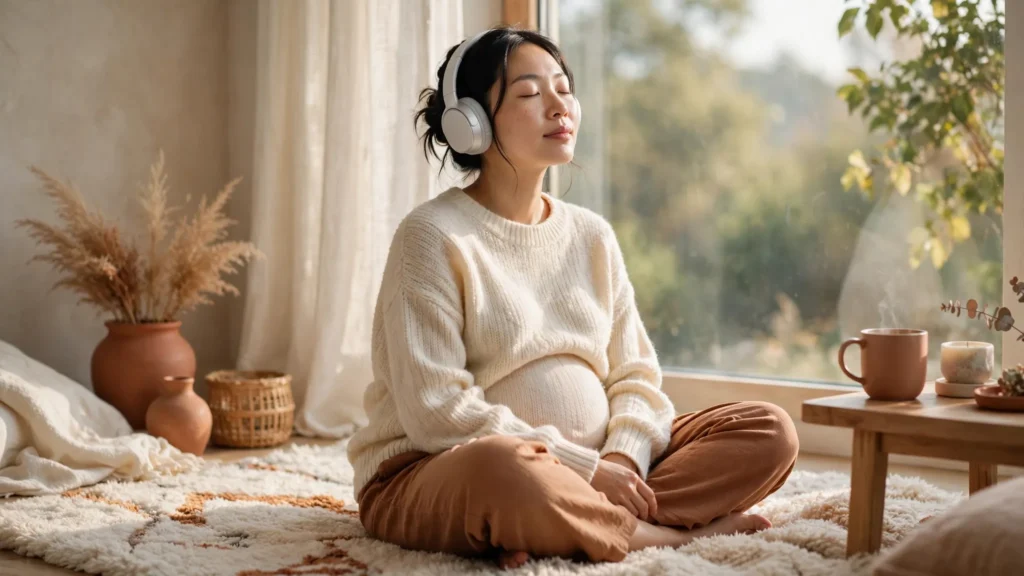 Relaxed Asian pregnant woman sitting cross-legged on a cozy rug wearing wireless headphones by a sunlit window.