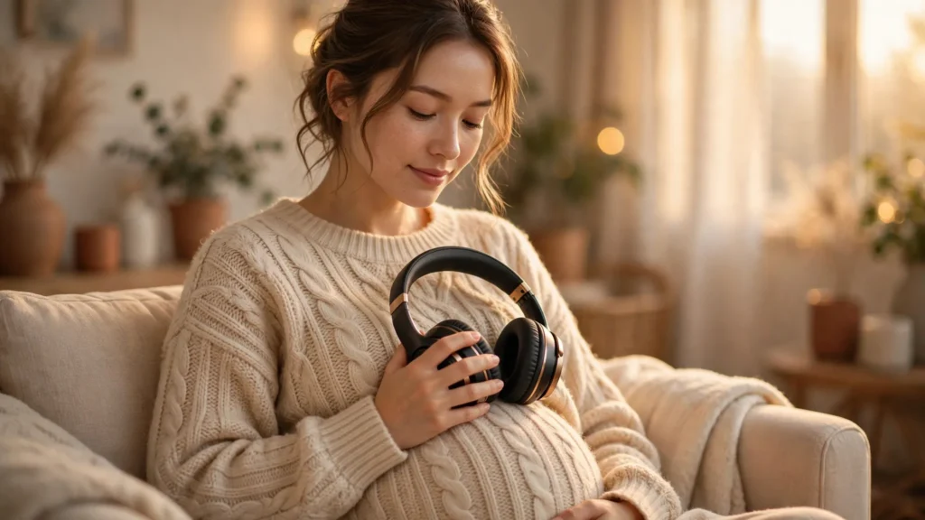 Pregnant woman wearing a cozy sweater sitting on a armchair and holding headphones against her bump for prenatal music bonding.