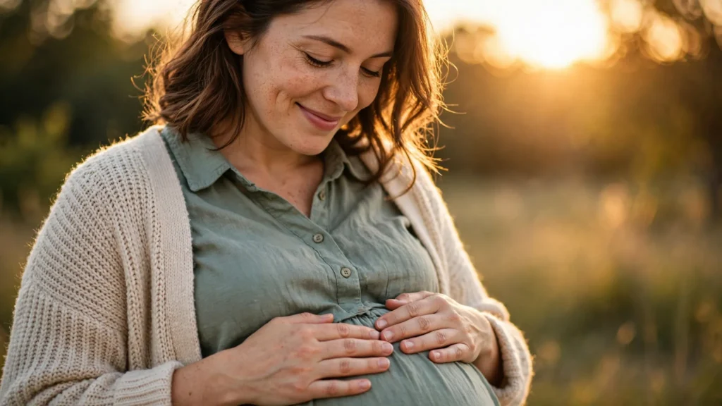 Close-up of an expectant mother holding her belly with love in golden hour light.