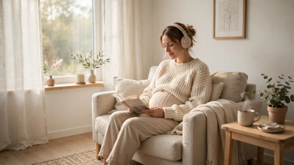 Pregnant woman wearing headphones reading a book in a cozy armchair during her daily prenatal bonding routine.