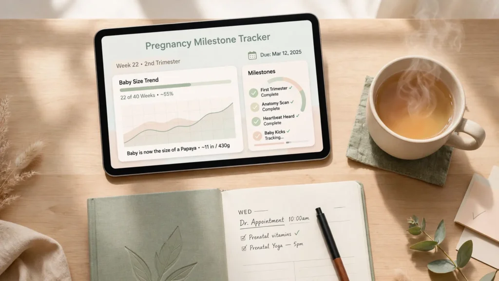 High-angle flat lay of a tablet displaying a digital pregnancy milestone tracker alongside a planner notebook and a hot cup of tea on a wooden desk.