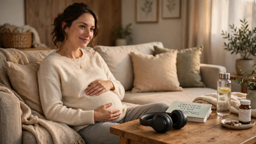 Pregnant woman relaxing on a sofa near prenatal wellness items and headphones on a coffee table