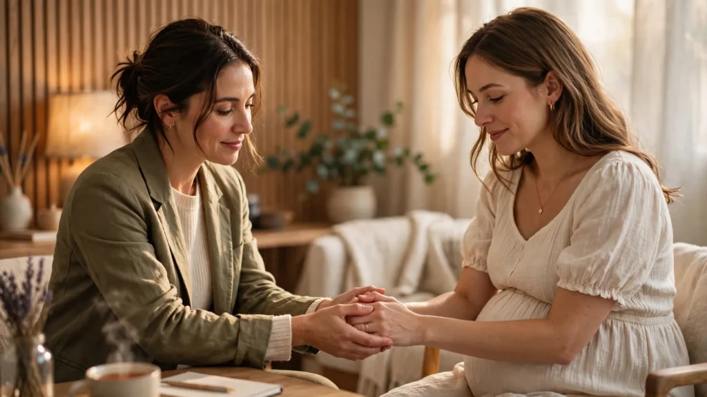 Supportive wellness practitioner holding hands with a pregnant woman in a cozy, sunlit room for emotional support and stress management.