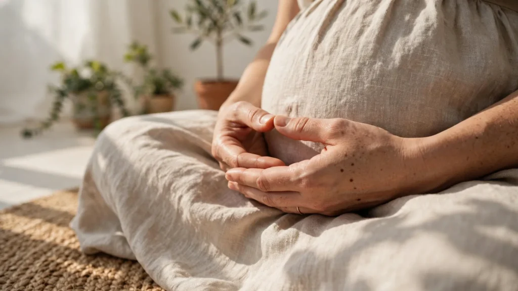 Close-up of a pregnant woman's hands resting in a meditation pose over her linen dress while sitting on a jute mat for pregnancy mindfulness.
