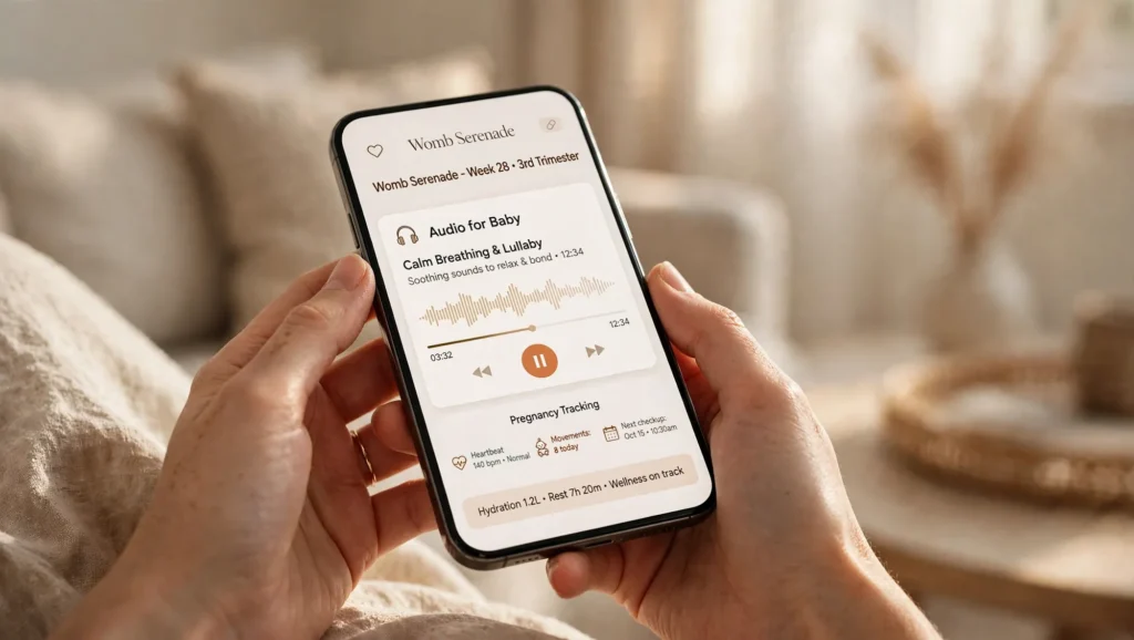 Close-up of a pregnant woman holding a smartphone displaying the Womb Serenade app interface featuring audio player and pregnancy tracking tools.