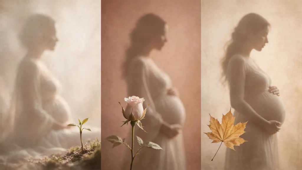 A three-panel artistic triptych representing pregnancy trimesters with natural elements and maternity silhouettes in warm terracotta and gold tones.