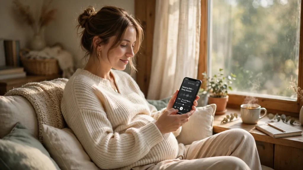Pregnant woman relaxing at home using a audio app on her smartphone near a sunlit window.