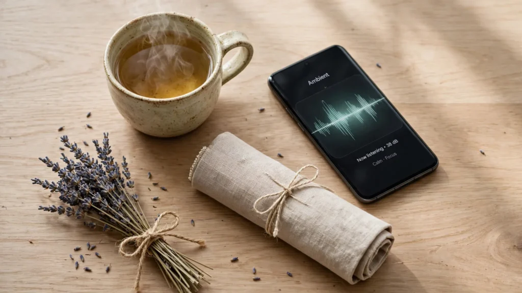 Flat lay top-view of a cup of hot herbal tea, dried lavender bundle, linen journal, and a smartphone displaying an audio player on a light oak wooden table for pregnancy relaxation.