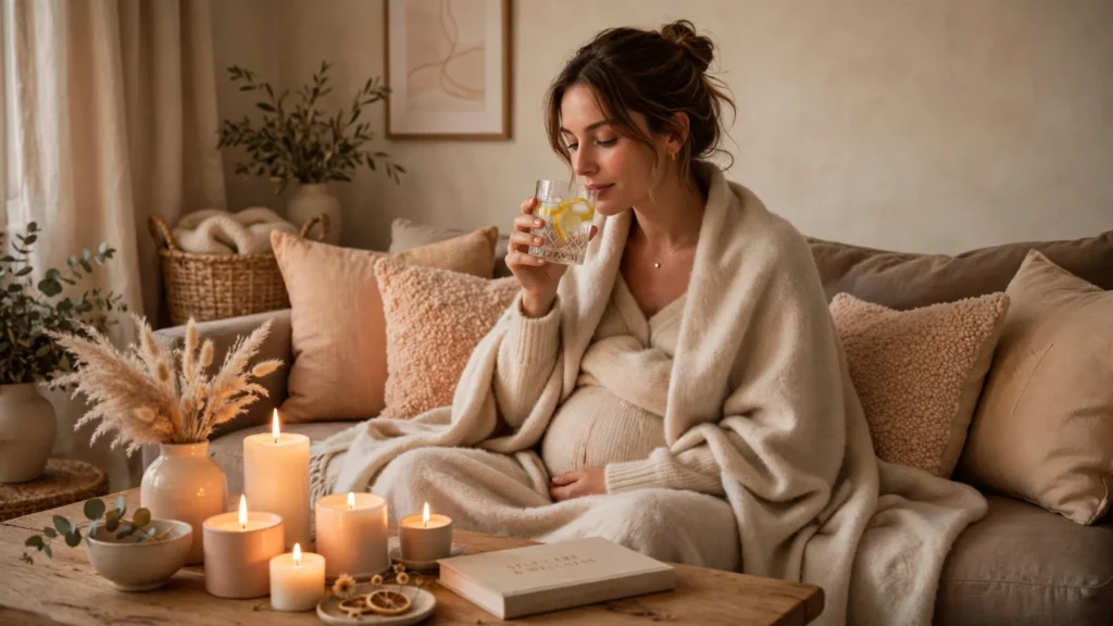 Pregnant woman wrapped in a warm blanket sitting on a sofa sipping lemon water near lit candles for a self-care routine.