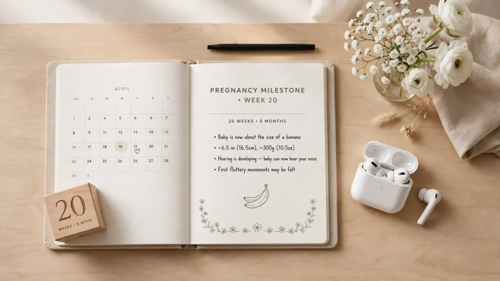 Top-view flat lay of an open pregnancy milestone journal showing week 20 progress details alongside wooden blocks and wireless earbuds on a wooden desk.