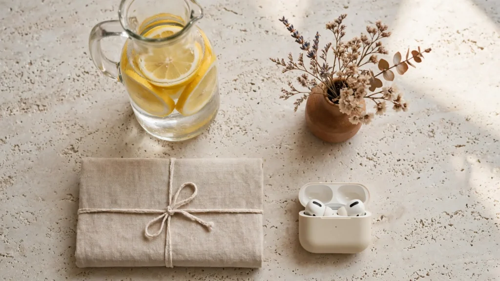 Top-view flat lay of pregnancy wellness items including a lemon water pitcher, linen notebook, wireless earbuds, and dried flowers on light stone.