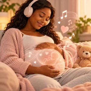 Pregnant woman listening to calming music while gently holding her belly, representing prenatal bonding and relaxation.