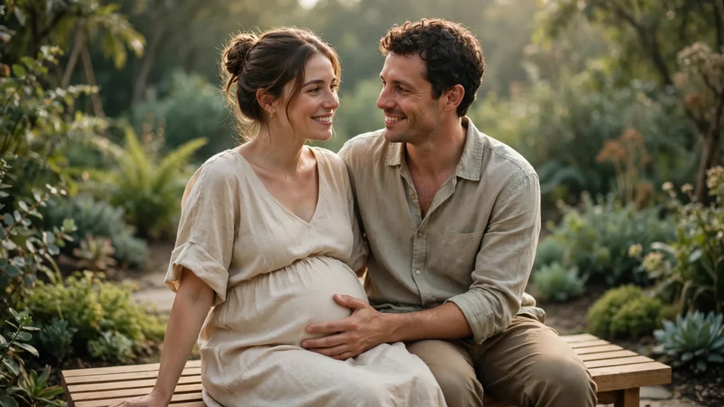 Expectant couple sitting together on an outdoor wooden bench, with the partner gently placing a hand on the pregnant woman's bump for prenatal bonding.