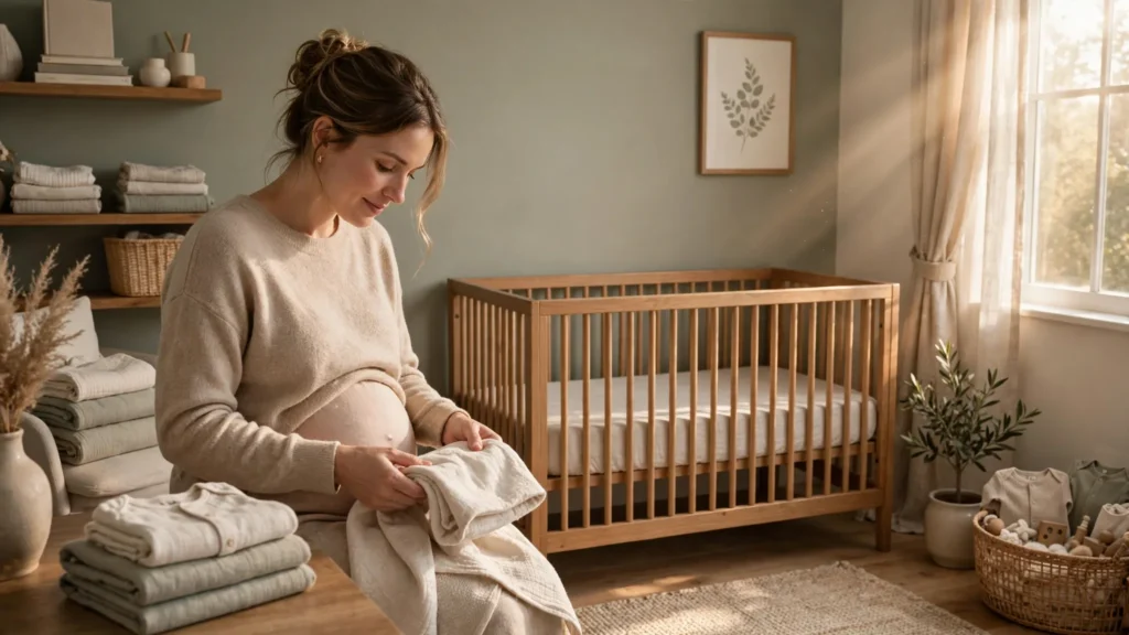 Expectant mother neatly folding an organic cotton baby blanket next to a wooden crib in a brightly lit, cozy nursery.