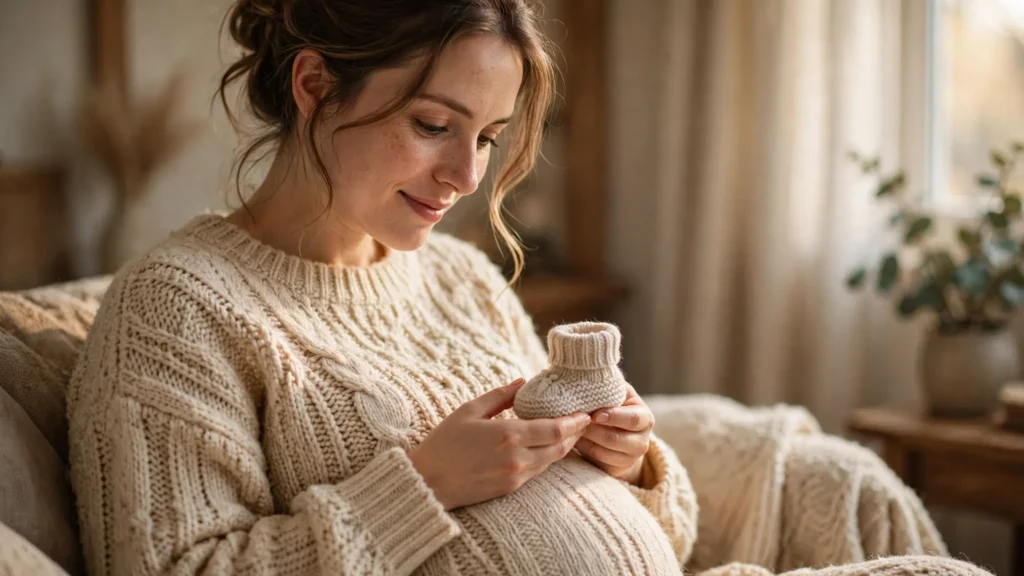 Pregnant mother holding a small knitted baby bootie over her bump with a loving smile.