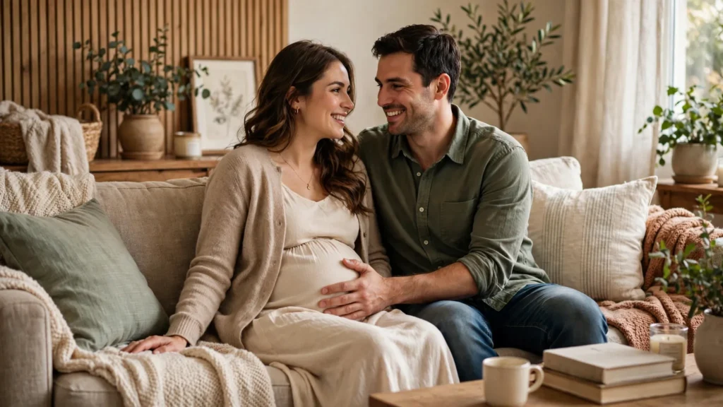 Expectant couple sitting on a sofa with the partner placing a gentle hand on the pregnant belly.