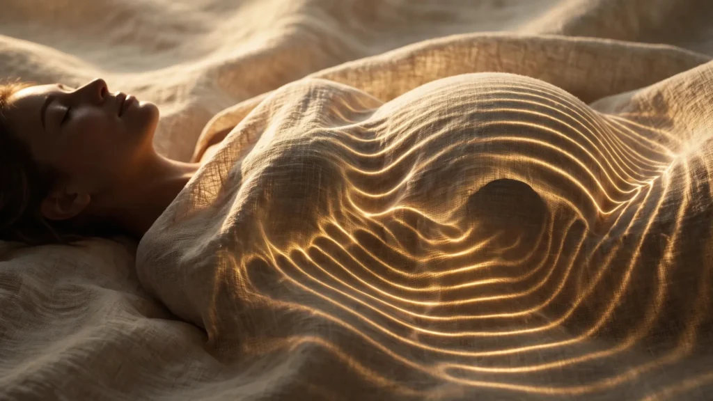 Artistic representation of golden acoustic sound waves rippling across textured linen over a pregnant belly silhouette.
